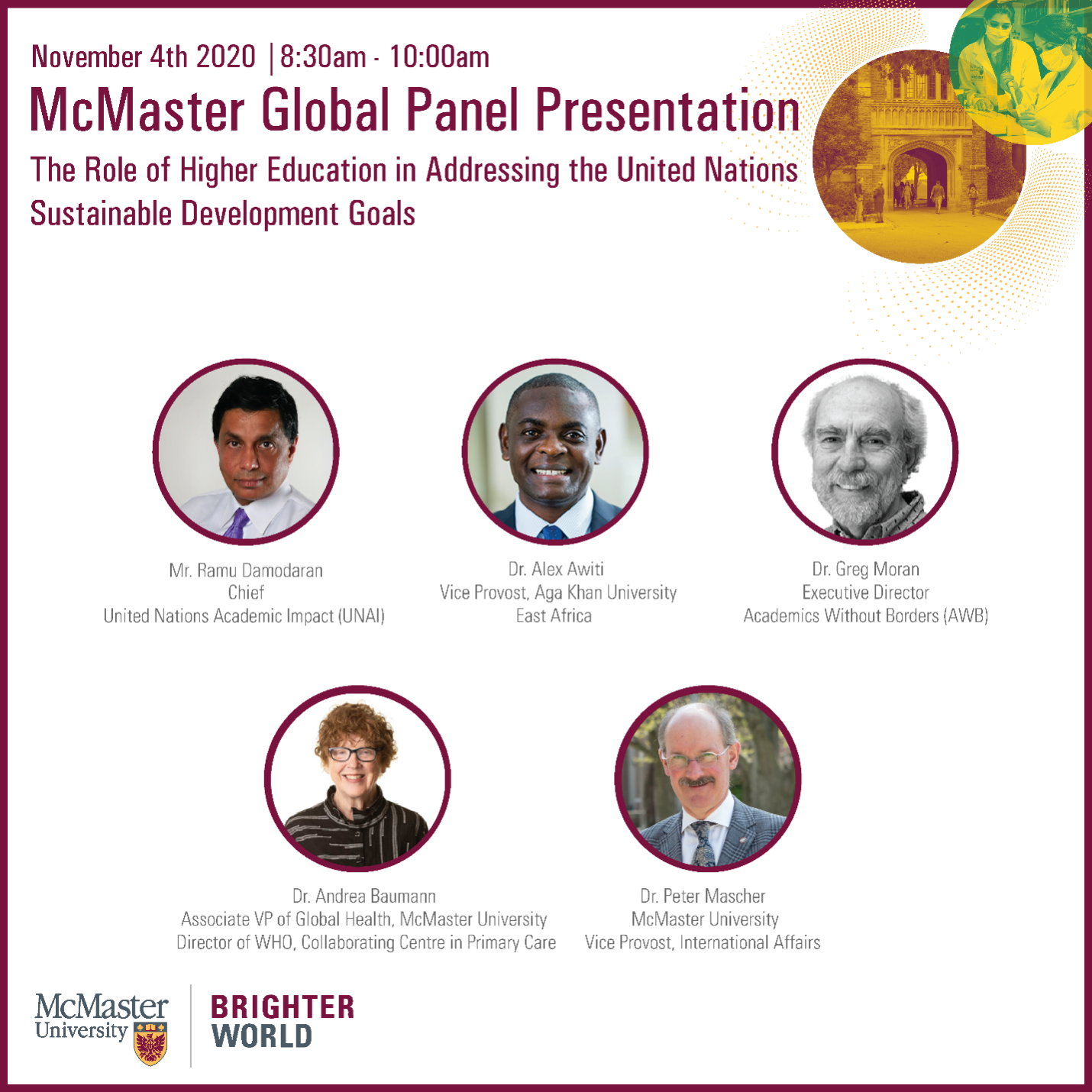 McMaster Global Panel Presentation Poster featuring speakers from the event on November 4, 2020