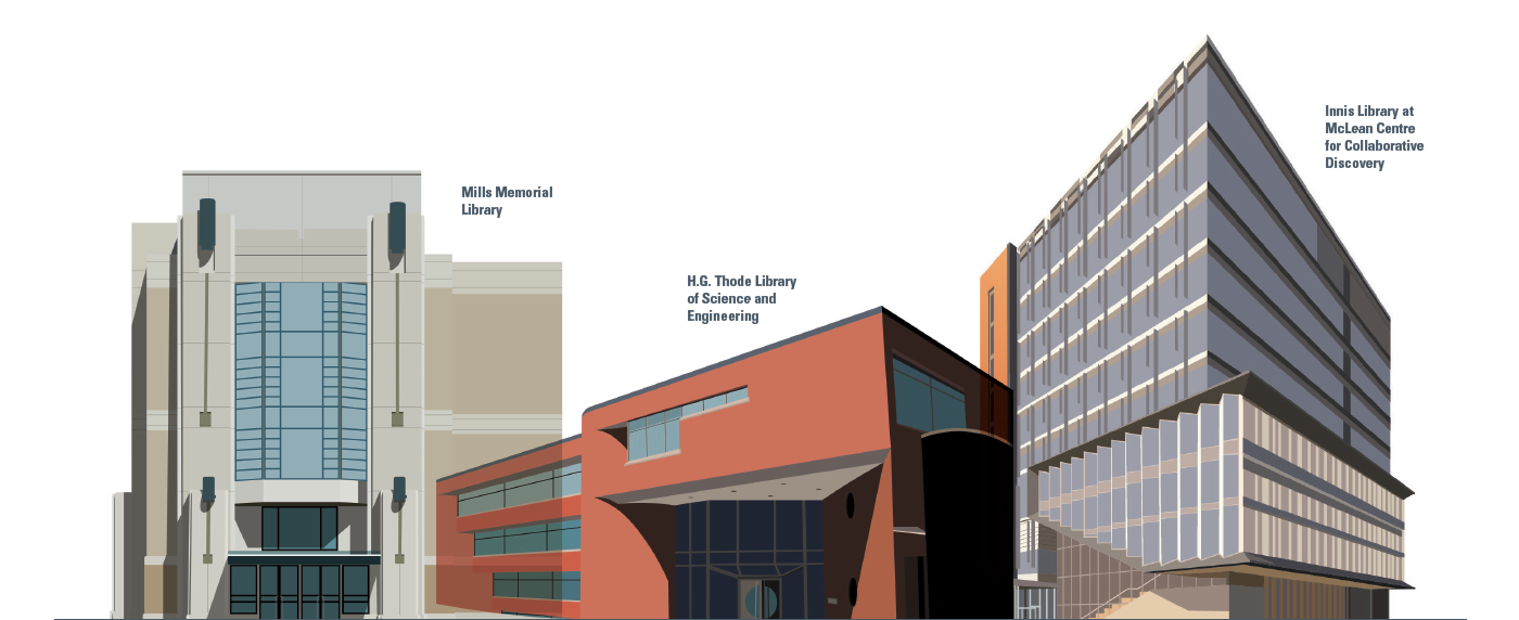 Artist’s rendering of three university libraries: Mills, Thode and Innis. 