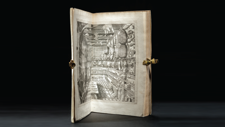 Aged book held open with an illustration of a detailed marble hall filled with mounted small and large animals.