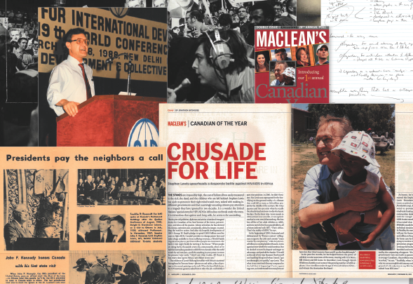 Display of magazine clippings and photos from the Stephen Lewis Archive.