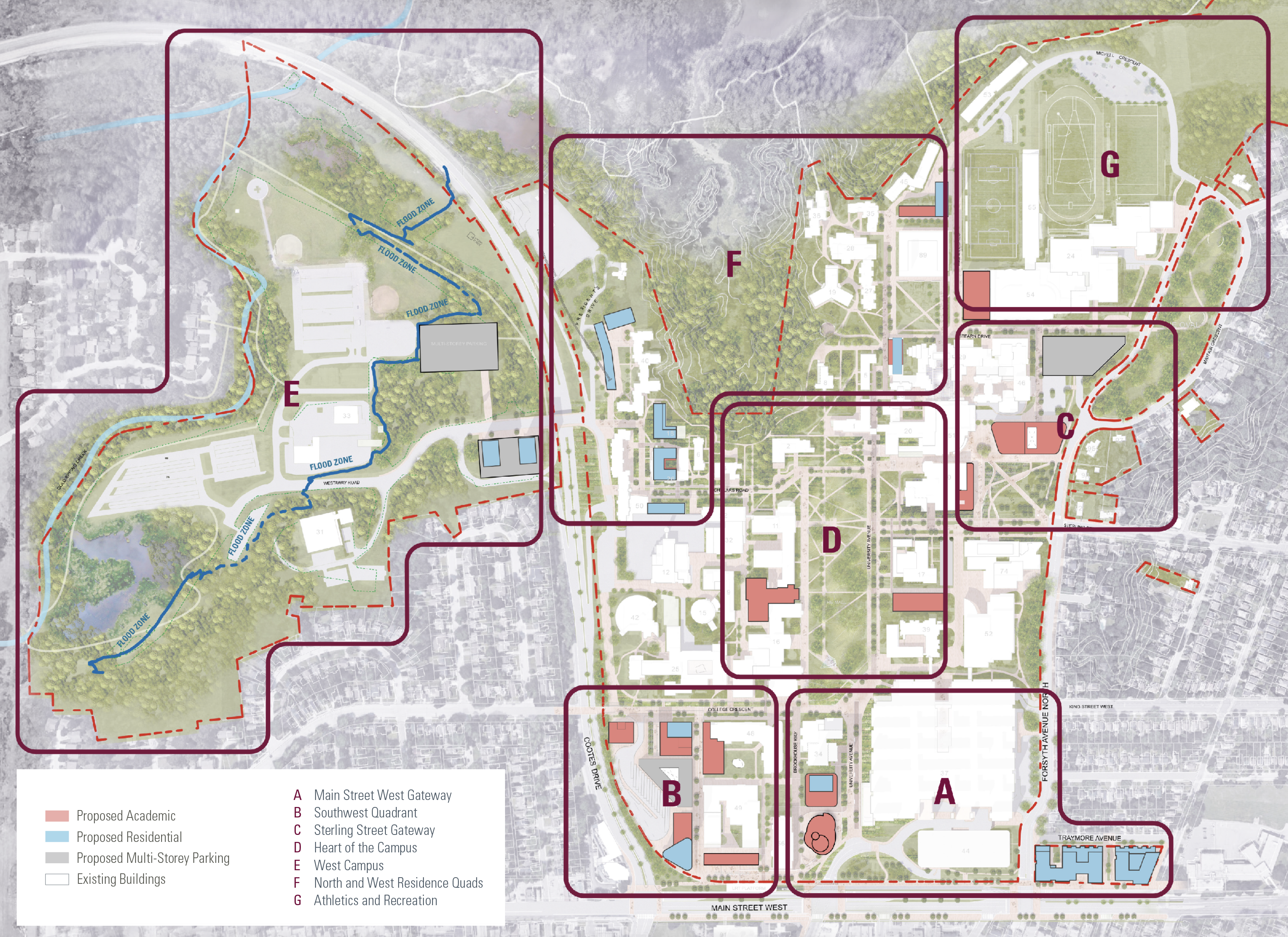 Development zones covered within the campus plan: Main Street West Gateway, Southwest Quadrant, Sterling Street Gateway, Heart of the Campus, West Campus, North and West Residence Quads, Athletics and Recreation