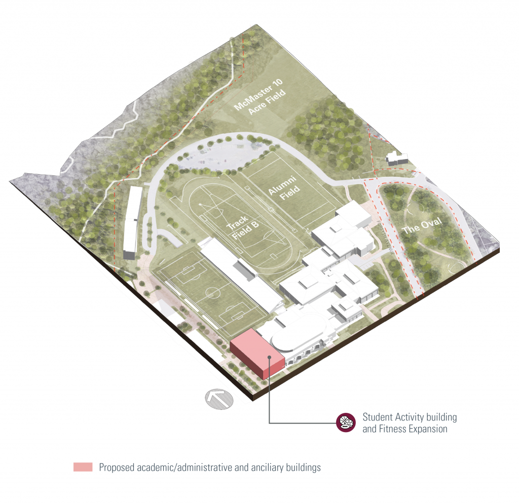Map rendering of Athletics and Recreation illustrating proposed academic/administrative and ancillary buildings