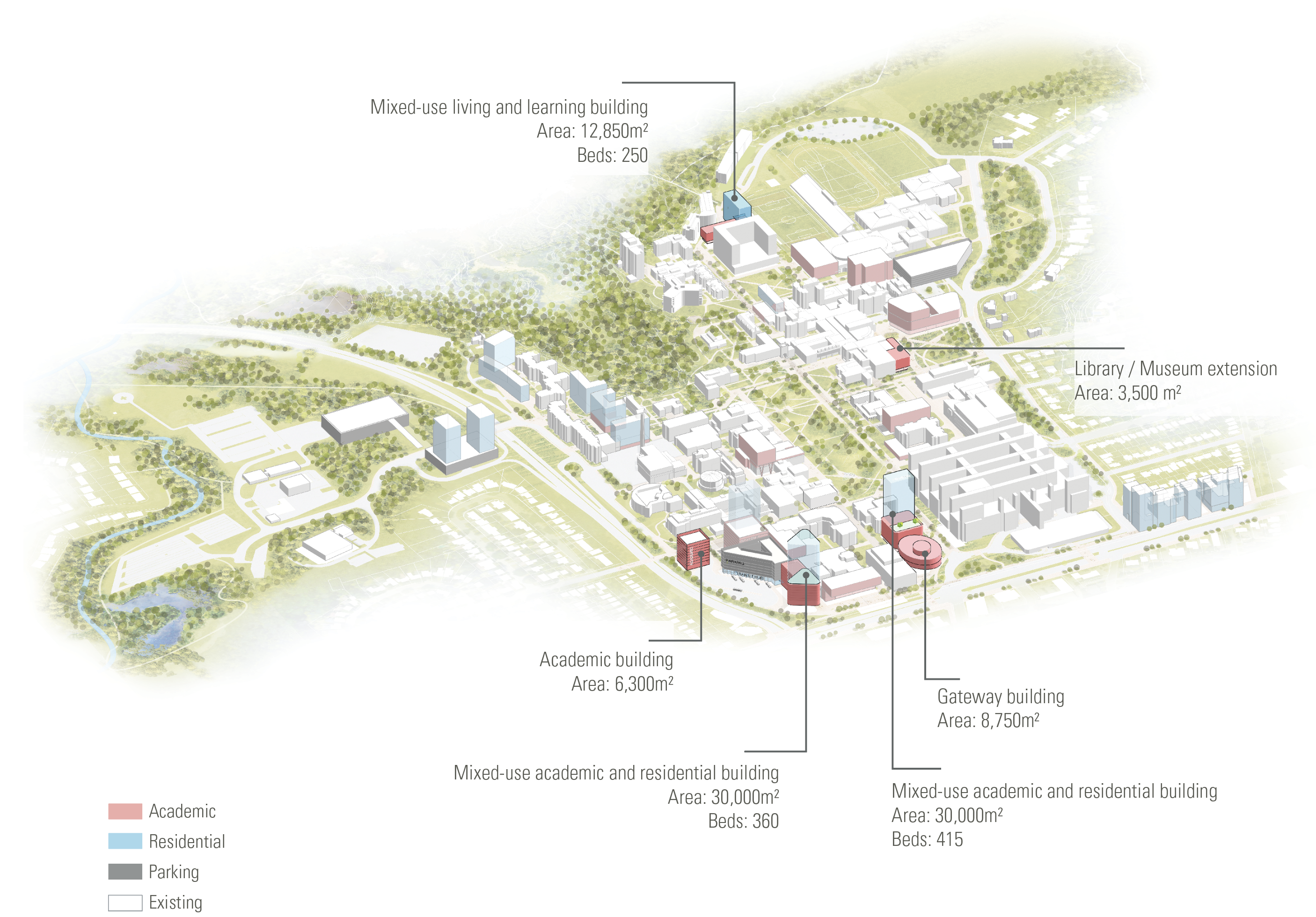 Campus Map illustration depicting structural changes to accommodate high growth in student numbers