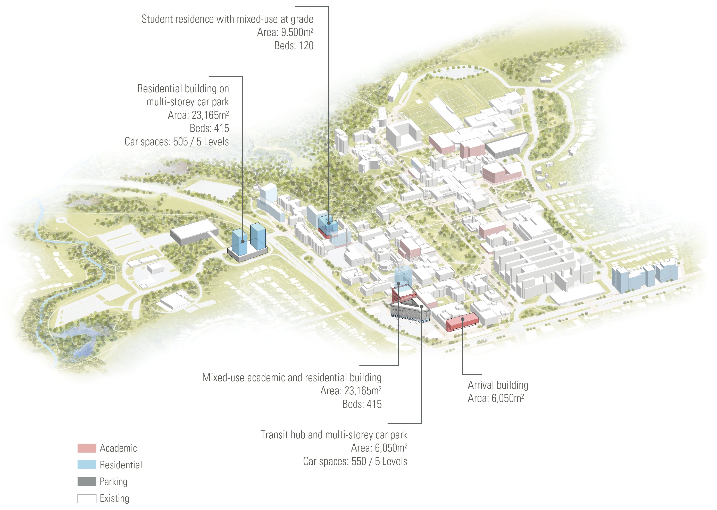 Campus Map illustration depicting structural changes to accommodate low growth in student numbers