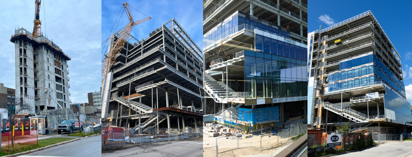 A collage of photos showing construction progress of the exterior of the 10-storey McLean Centre for Collaborative Discovery.